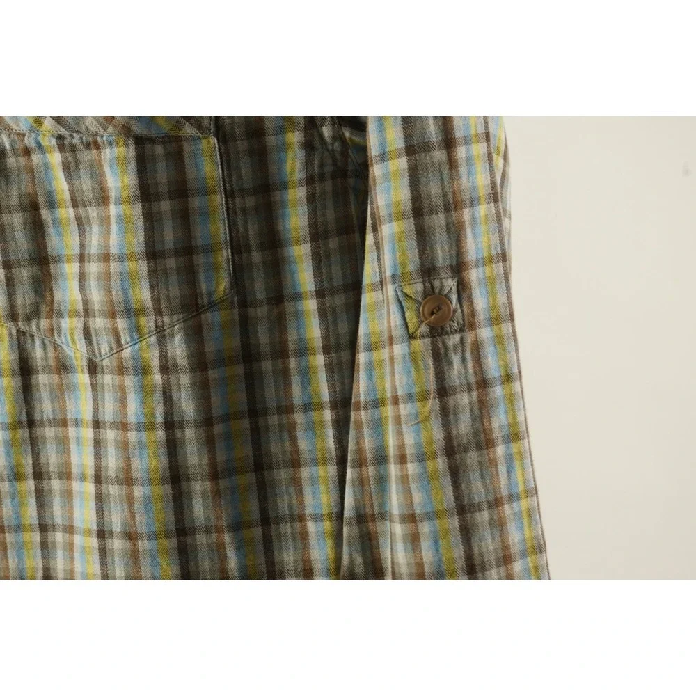 Gramicci Men's Medium Roll Tab Sleeve Yellow Blue Brown Cotton Utility‎ Shirt